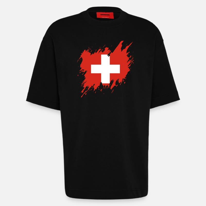 Drapeau de la Suisse, style déchiré - T-shirt bio épais oversize fabriqué en UE - SOLID BLACK
