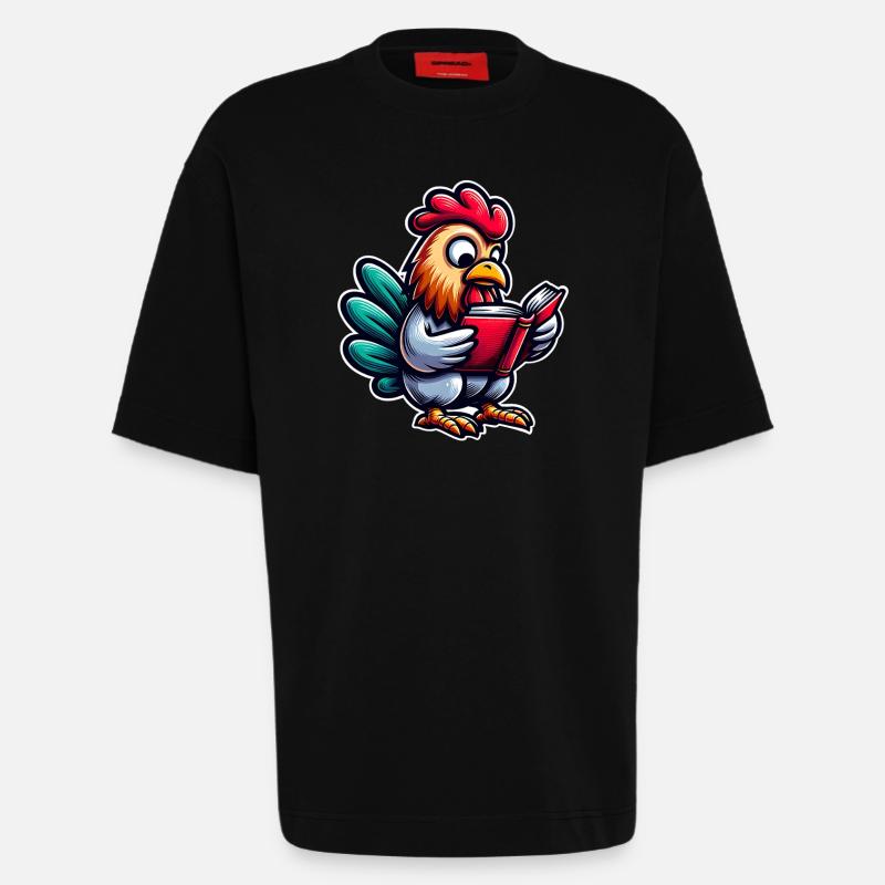 Reading rooster in comic style - Heavyweight T-Shirt - made by SPREAD  - SOLID BLACK