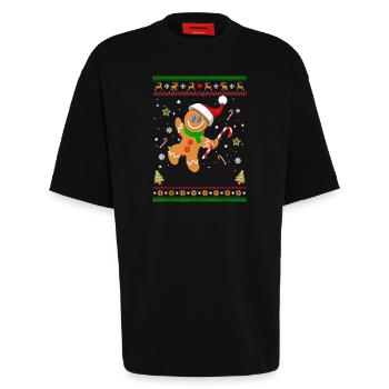 Hässliches Weihnachtspullover Lebkuchenmann Lustiges Geschenk - Heavyweight T-Shirt - made by SPREAD  - SOLID BLACK - Vorne - Fiona (171cm)