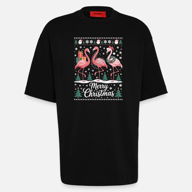 Weihnachtsflamingos mit Schneeflocken und Deko - Heavyweight T-Shirt - made by SPREAD  - SOLID BLACK