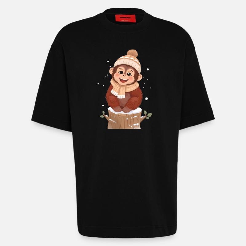 Winter monkey on tree stump - Heavyweight T-Shirt - made by SPREAD  - SOLID BLACK