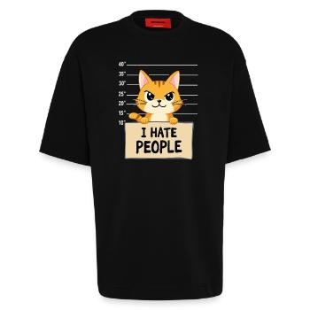 Griesgrämige Katze I Hate People Polizeifoto - Heavyweight T-Shirt - made by SPREAD  - SOLID BLACK - Front - Fiona (171cm)