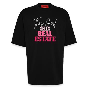 Cette femme vend de l’immobilier - T-shirt bio épais oversize fabriqué en UE - SOLID BLACK - Devant - Fiona (171cm)