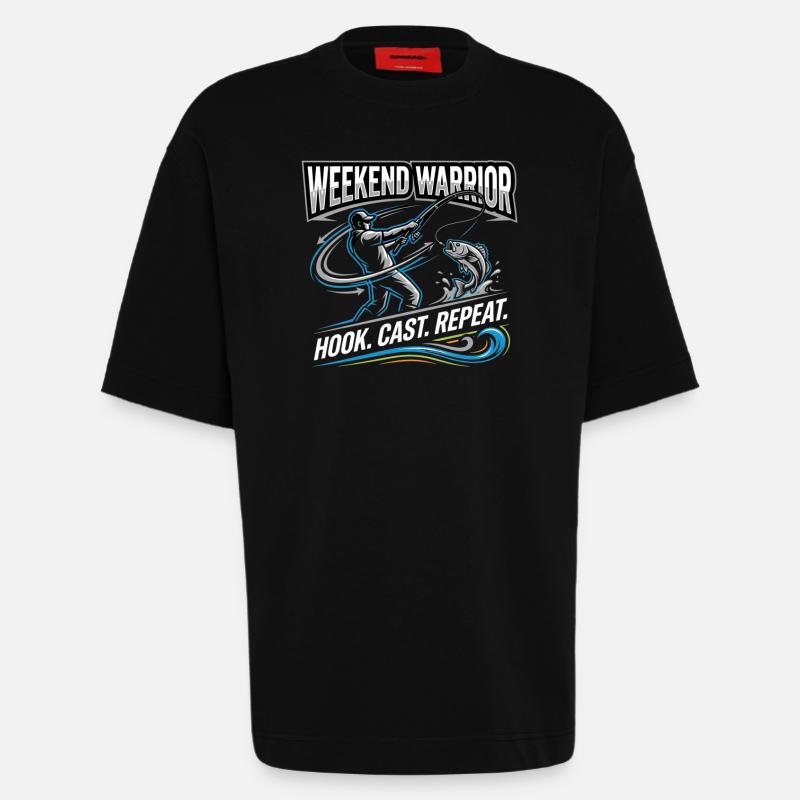 Weekend Warrior Hook Cast Repeat Angler - Heavyweight T-Shirt - made by SPREAD  - SOLID BLACK