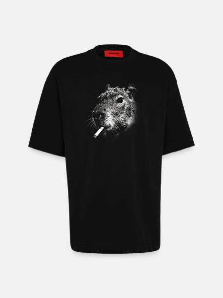 Fumer, cigarette, capybara, fumer une cigarette - T-shirt bio épais oversize fabriqué en UE - SOLID BLACK