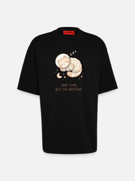 Nap Neptune | Chat de l’espace mignon - T-shirt bio épais oversize fabriqué en UE - SOLID BLACK
