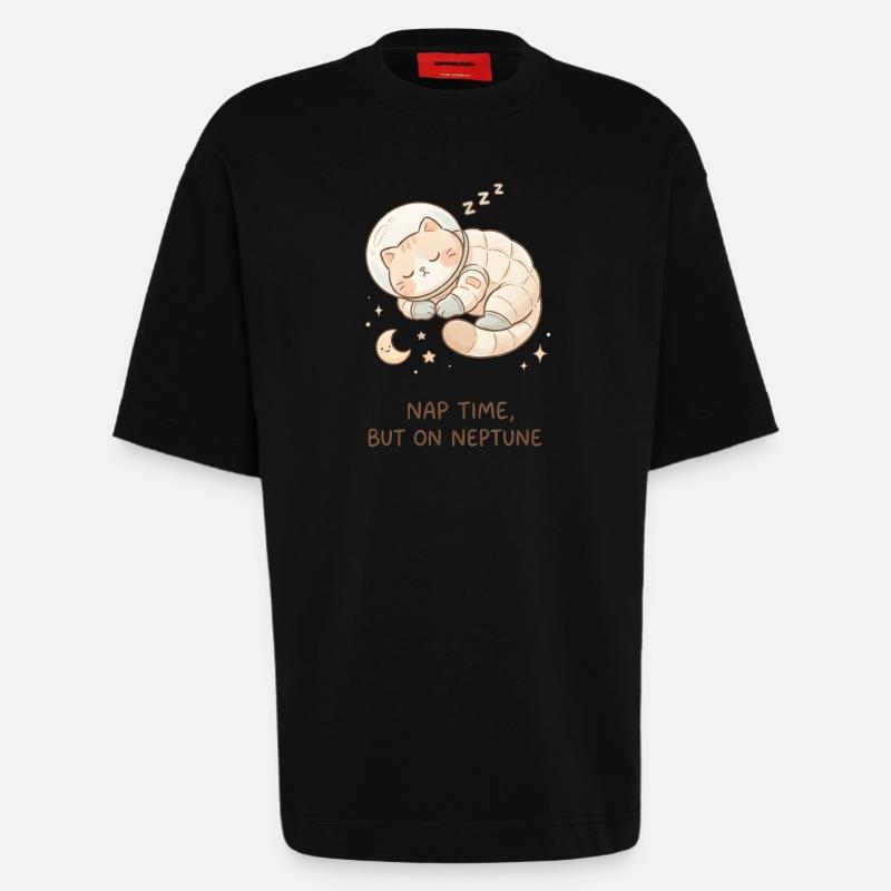 Nap Neptune | Chat de l’espace mignon - T-shirt bio épais oversize fabriqué en UE - SOLID BLACK