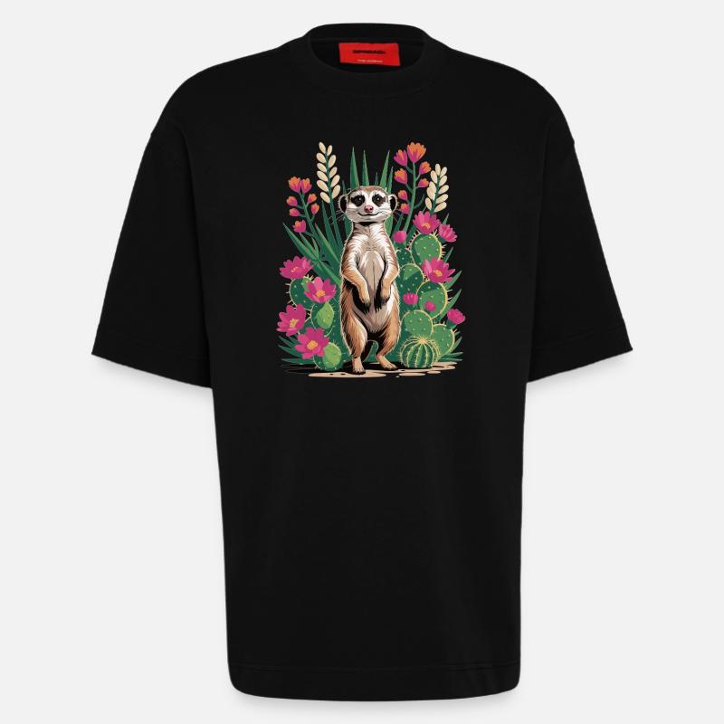 T-shirt suricate avec cactus - Cactus & fleurs - T-shirt bio épais oversize fabriqué en UE - SOLID BLACK