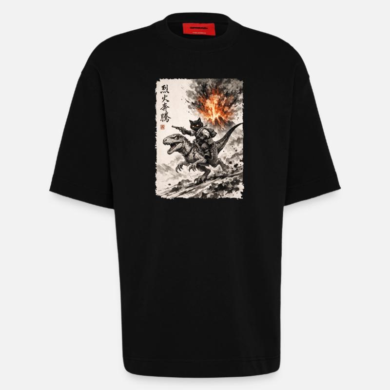 Katze, Dinosaurier, Vulkan, Vulkanausbruch, Anime - Heavyweight T-Shirt - made by SPREAD  - SOLID BLACK