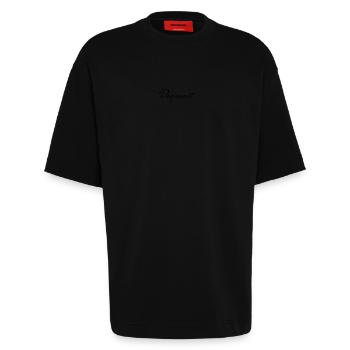 FÊTE DES PÈRES. BONNE FÊTE PAPA. PAPA. BONNE FÊTE - T-shirt bio épais oversize fabriqué en UE - SOLID BLACK - Devant - Fiona (171cm)