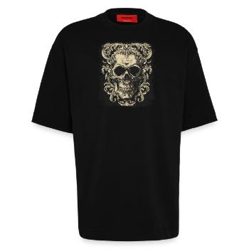 Crâne gothique - T-shirt bio épais oversize fabriqué en UE - SOLID BLACK - Devant - Fiona (171cm)