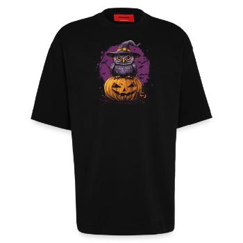Lustige Halloween Eule - Heavyweight T-Shirt - made by SPREAD  - SOLID BLACK - Vorne - Fiona (171cm)
