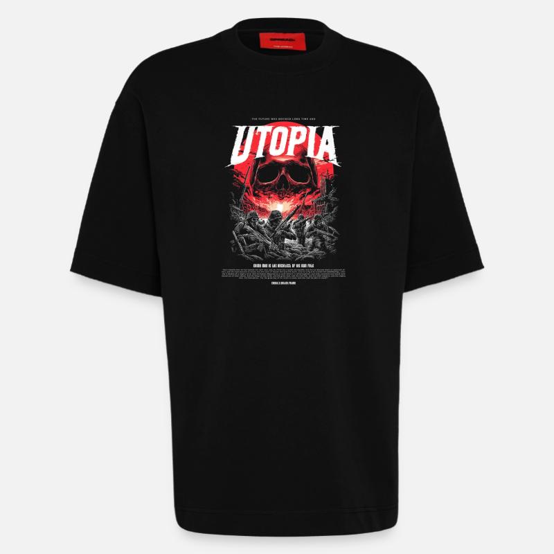 Utopia Crâne Rouge de Feu - T-shirt bio épais oversize fabriqué en UE - SOLID BLACK