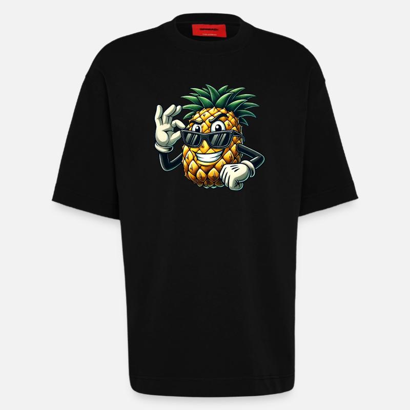 Pineapple Fruit Comic with Sunglasses - Heavyweight T-Shirt - made by SPREAD  - SOLID BLACK