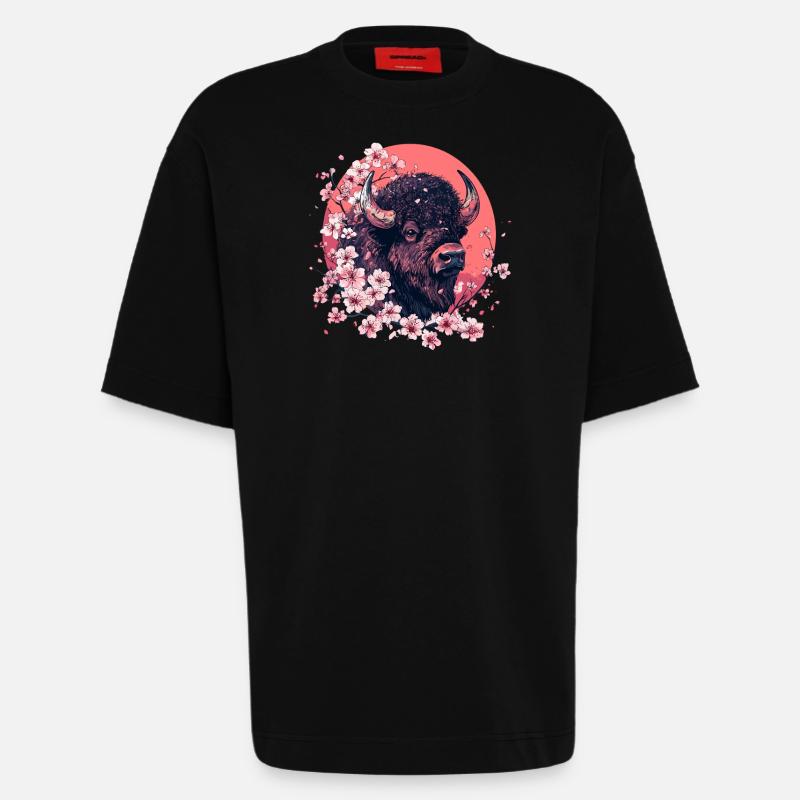 Bison mit Kirschblüten - Heavyweight T-Shirt - made by SPREAD  - SOLID BLACK