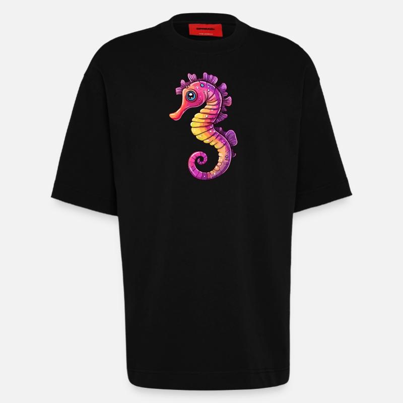 Buntes Seepferdchen Comic - Heavyweight T-Shirt - made by SPREAD  - SOLID BLACK