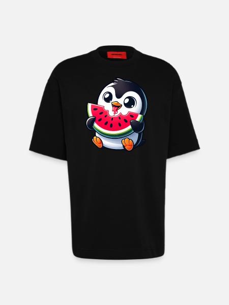 Penguin with Watermelon Cartoon - Heavyweight T-Shirt - made by SPREAD  - SOLID BLACK