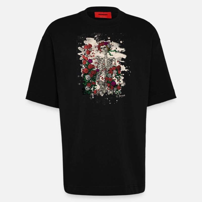 Skeleton & Roses – bleached Version - Heavyweight T-Shirt - made by SPREAD  - SOLID BLACK
