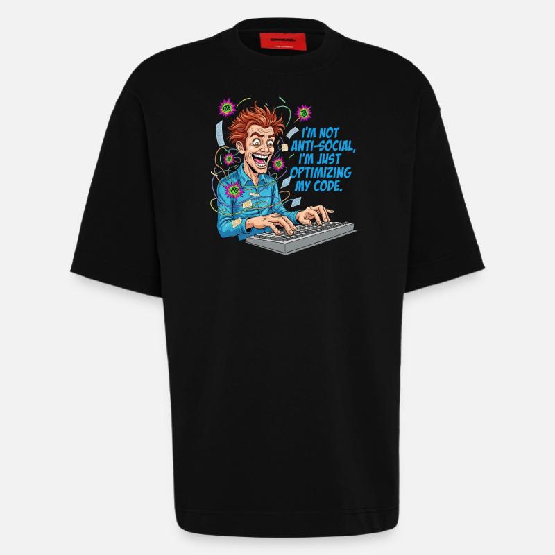 Code Optimizer: Anti-social? Just coding! - Heavyweight T-Shirt - made by SPREAD - SOLID BLACK