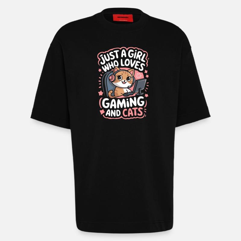 Gaming Computer Konsole Mädchen Katze - Heavyweight T-Shirt - made by SPREAD  - SOLID BLACK