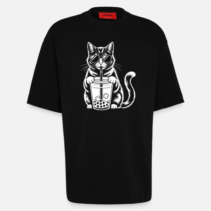 Katze mit Bubble Tee - Heavyweight T-Shirt - made by SPREAD  - SOLID BLACK