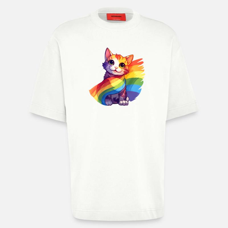 Pride Cat – Bunte Regenbogen-Katze mit Flagge - Heavyweight T-Shirt - made by SPREAD - OFF WHITE