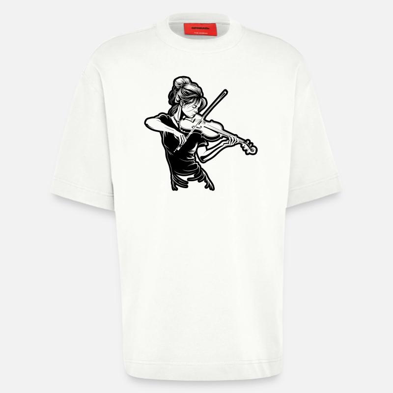 Dessin de fille de violon - T-shirt bio épais oversize fabriqué en UE - OFF WHITE