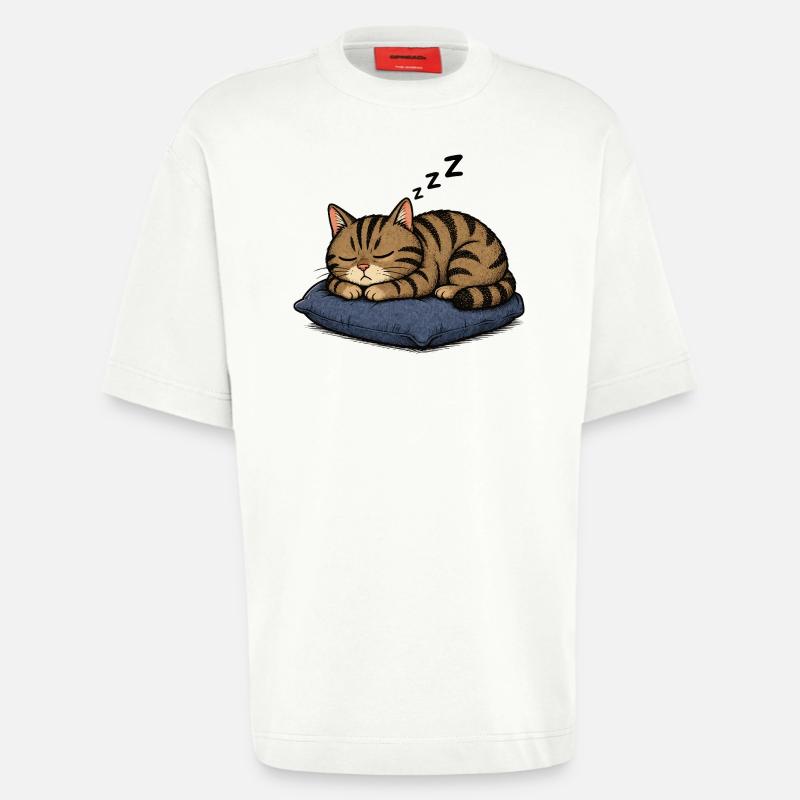 Chat endormi sur l’oreiller - T-shirt bio épais oversize fabriqué en UE - OFF WHITE