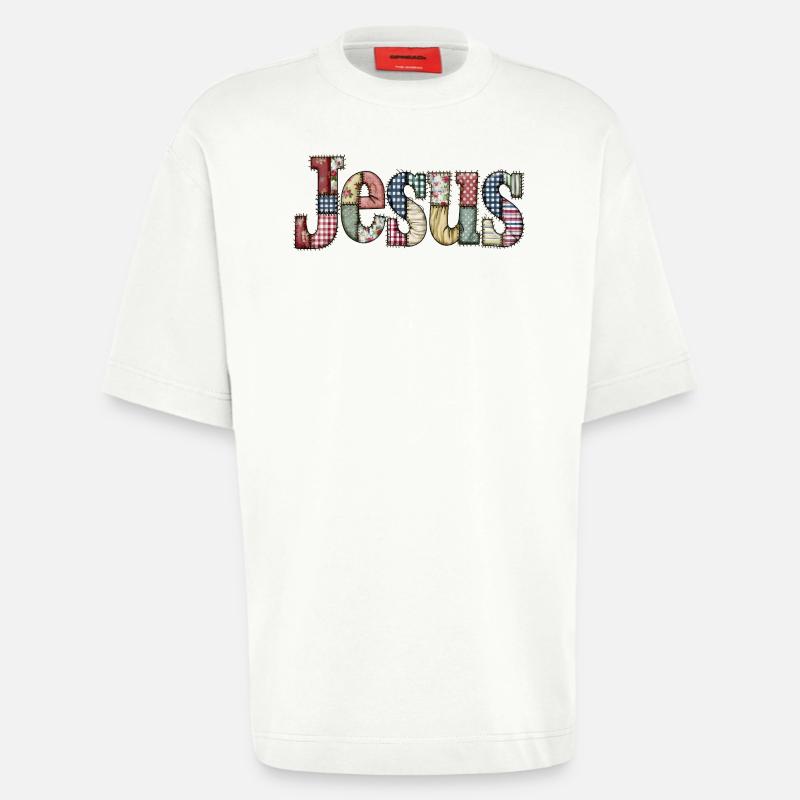 Lettrage Jésus en patchwork - T-shirt bio épais oversize fabriqué en UE - OFF WHITE