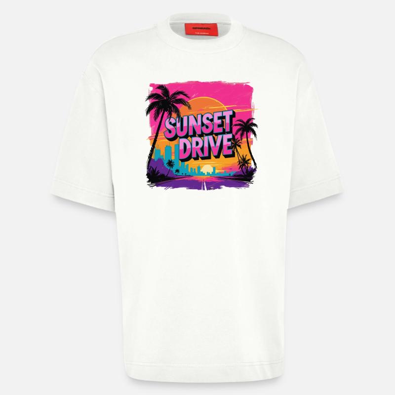 Sunset Drive Palm Trees Skyline - T-shirt bio épais oversize fabriqué en UE - OFF WHITE