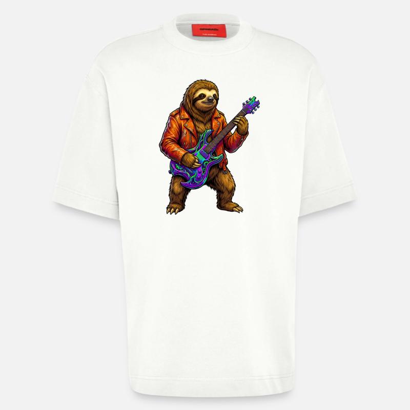 Faultier in Lederjacke mit Neon E-Gitarre - Heavyweight T-Shirt - made by SPREAD  - OFF WHITE