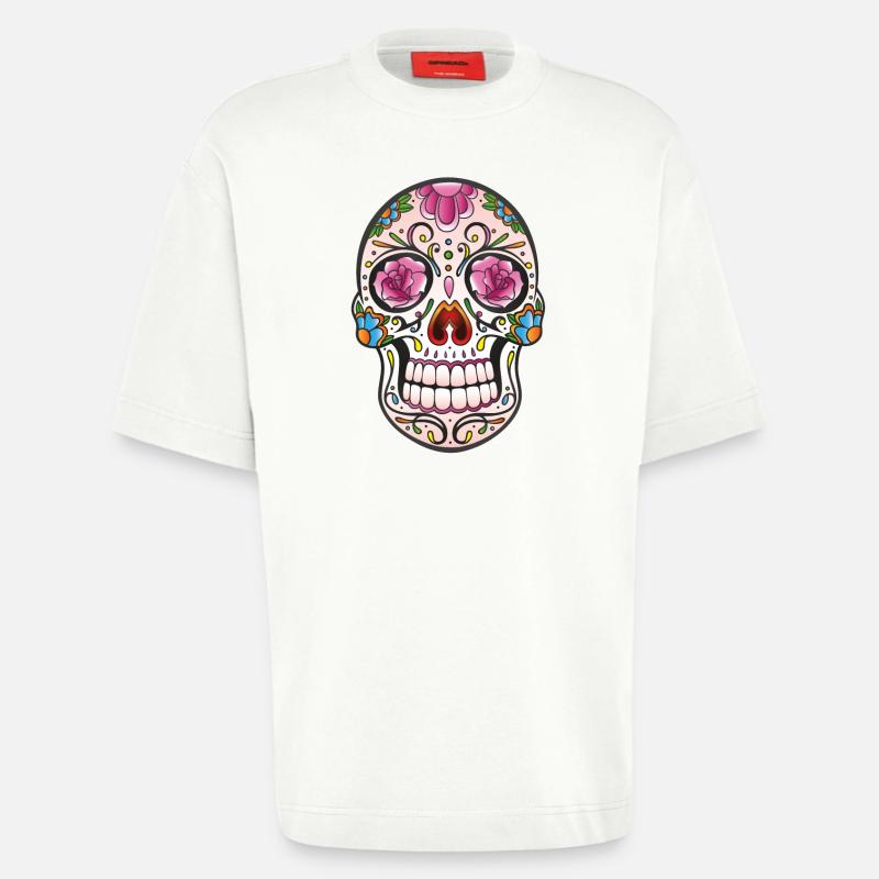 Mexican Sugar Skull, day of the dead - T-shirt bio épais oversize fabriqué en UE - OFF WHITE