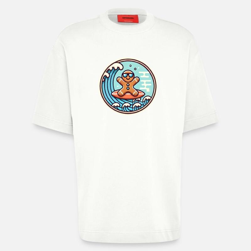 Surfing Gingerbread Wave Badge - Heavyweight T-Shirt - made by SPREAD  - OFF WHITE