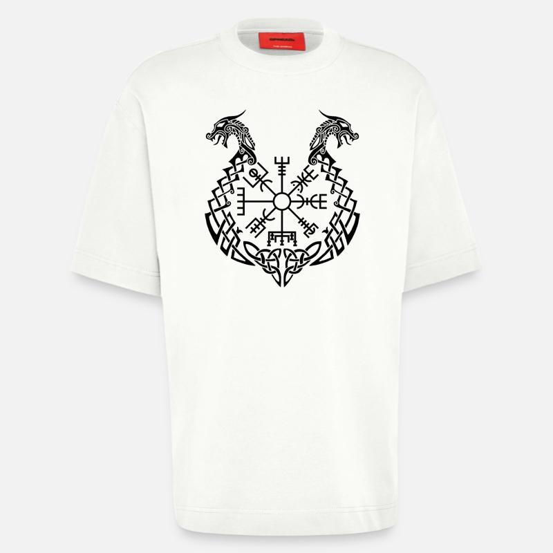 Schwarzer Drache und Wikingerkompass - Heavyweight T-Shirt - made by SPREAD  - OFF WHITE