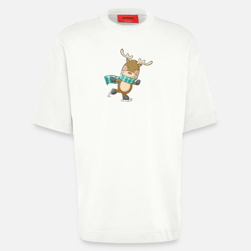 Patinage de rennes comique mignon - T-shirt bio épais oversize fabriqué en UE - OFF WHITE