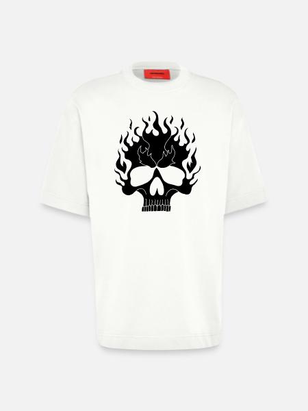 Black Flaming Skull - Heavyweight T-Shirt - made by SPREAD - OFF WHITE
