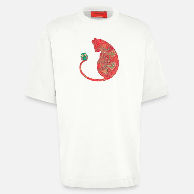 Cat with owl E 91 - Heavyweight T-Shirt - made by SPREAD  - OFF WHITE