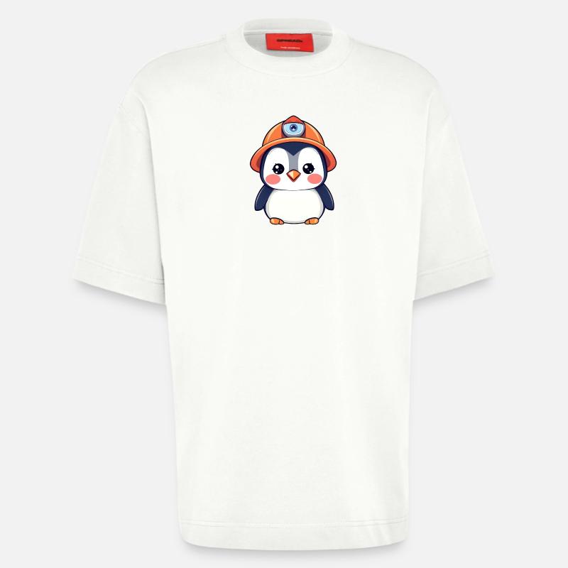 Pingouin de l’équipe de construction dans un casque de sécurité orange - T-shirt bio épais oversize fabriqué en UE - OFF WHITE