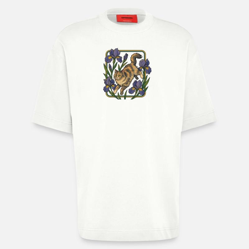 Chat élégant parmi les fleurs d'iris - T-shirt bio épais oversize fabriqué en UE - OFF WHITE