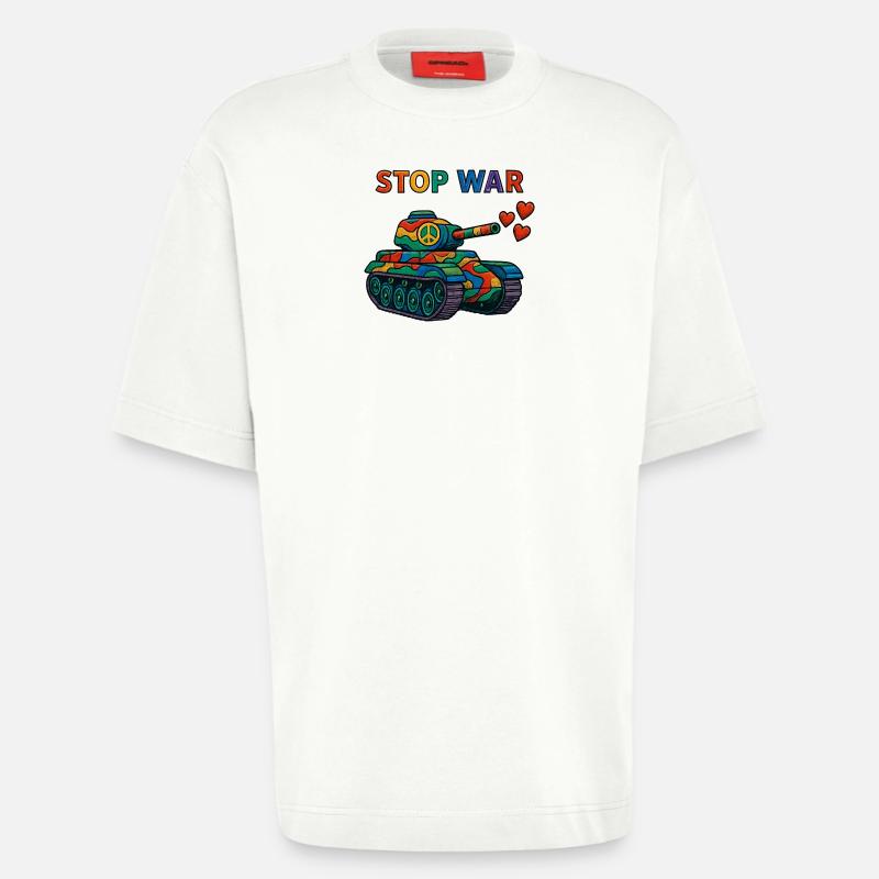 Regenbogen Panzer mit Peace-Zeichen – STOP WAR - Heavyweight T-Shirt - made by SPREAD  - OFF WHITE
