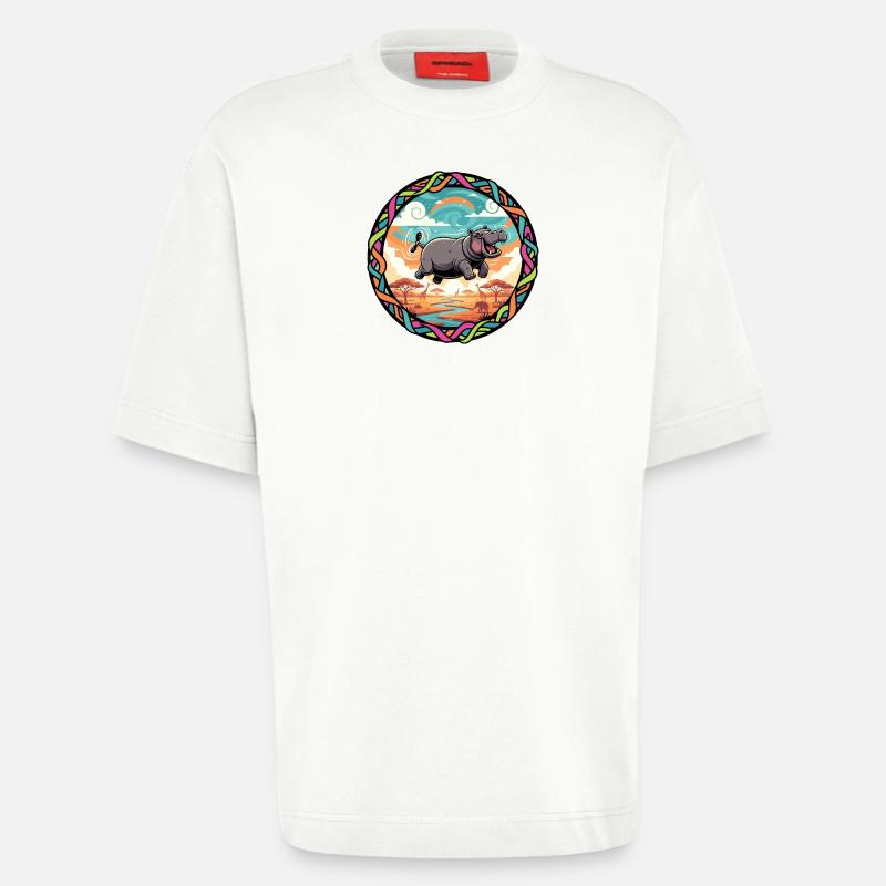 Witziger Hippo fliegendes Nilpferd bunt Savanne  - Heavyweight T-Shirt - made by SPREAD  - OFF WHITE