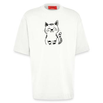 Minimal Smiling Cat Line Art – Happy Kitty - Heavyweight T-Shirt - made by SPREAD  - OFF WHITE - Vorne - Fiona (171cm)