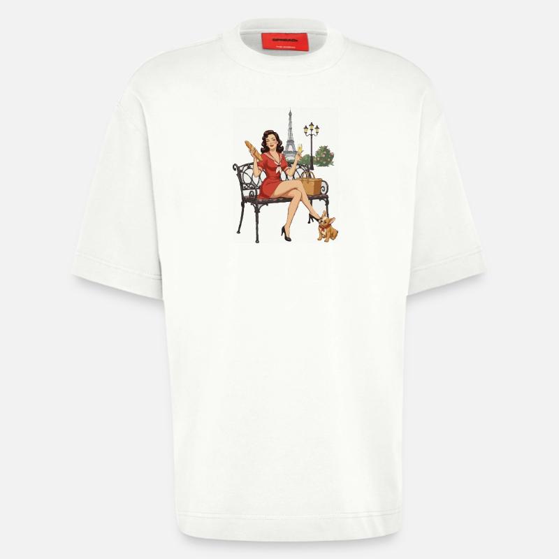 Pin-up de Paris sur le banc - T-shirt bio épais oversize fabriqué en UE - OFF WHITE