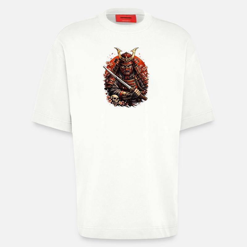 Samurai with cherry blossoms and skull - Heavyweight T-Shirt - made by SPREAD  - OFF WHITE