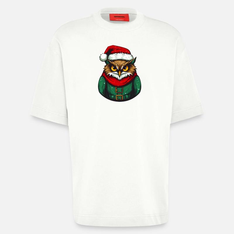 Hibou de Noël en pull vert - T-shirt bio épais oversize fabriqué en UE - OFF WHITE