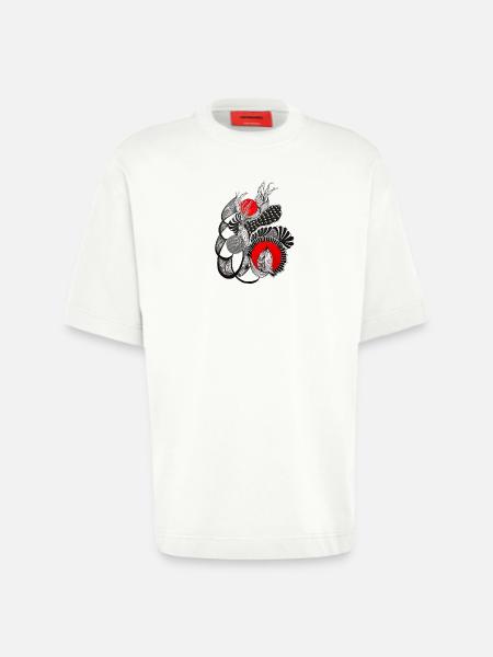 Monochrome flower circles with red - Heavyweight T-Shirt - made by SPREAD - OFF WHITE
