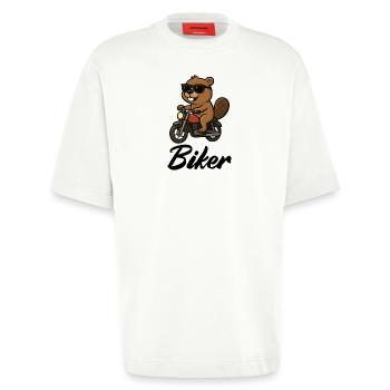 Bævermotorcyklist med solbriller - Heavyweight oversized organic T-shirt made in EU - OFF WHITE - Foran - Fiona (171cm)
