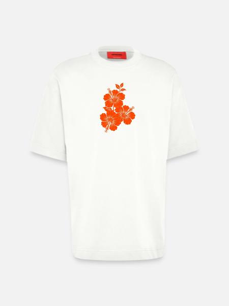Orange Hibiscus Triple Flower Silhouette - Heavyweight T-Shirt - made by SPREAD  - OFF WHITE