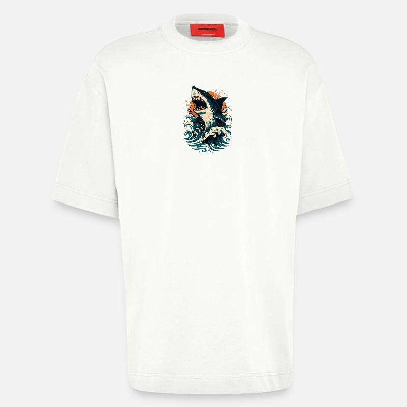 Shark roars through orange waves - Heavyweight T-Shirt - made by SPREAD  - OFF WHITE
