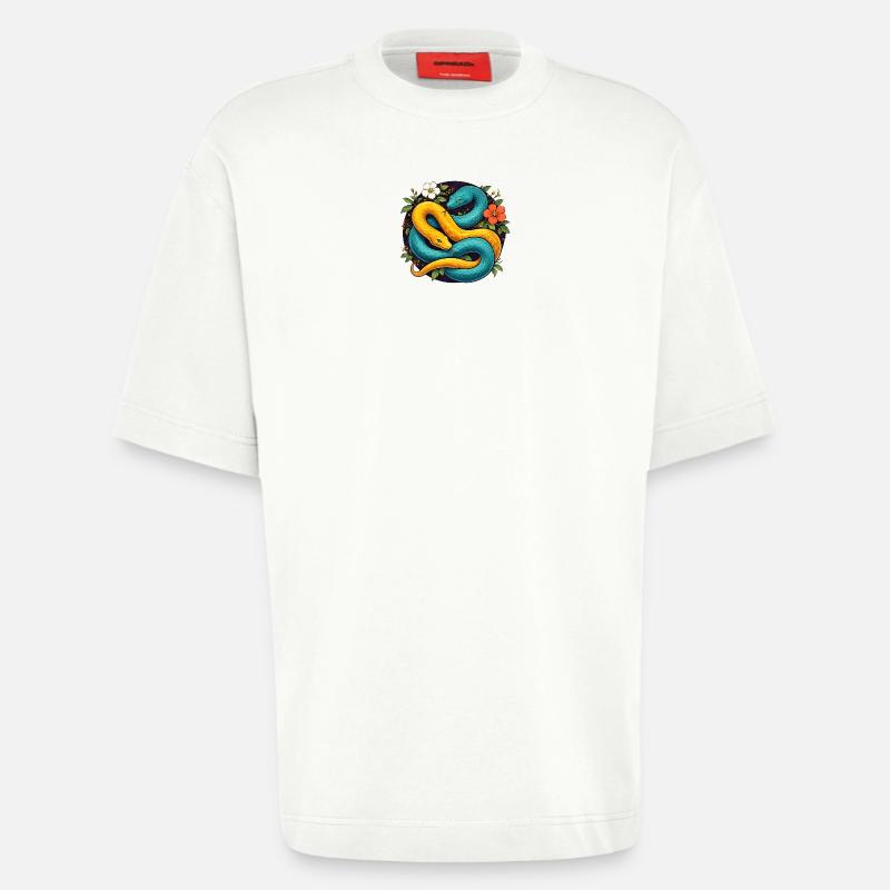 Two Python Snakes in Flower Ring - Heavyweight T-Shirt - made by SPREAD  - OFF WHITE